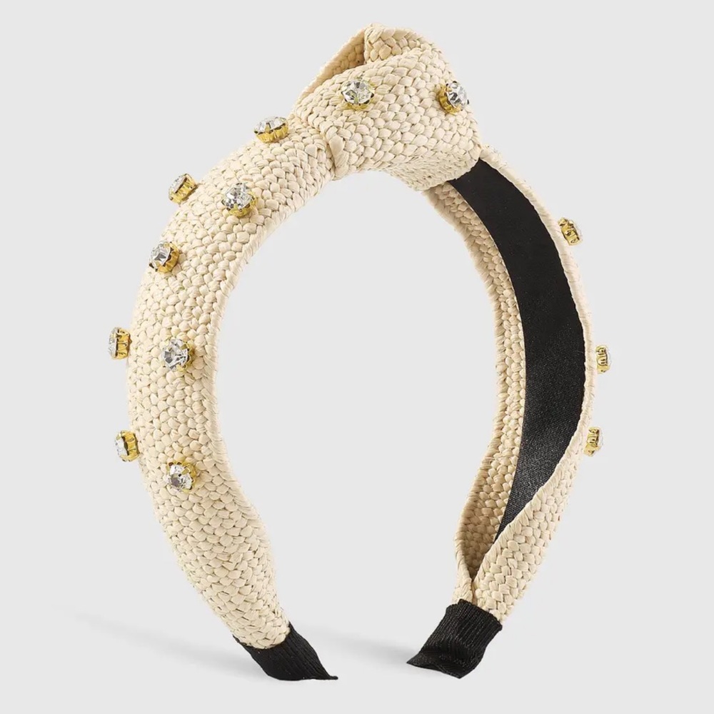 Beige Raffia Bejeweled Headband